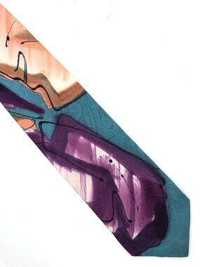 Robert Daskal Aqua Purple Peach Handpainted Jacquard Silk Tie Necktie 3.75 x 58
